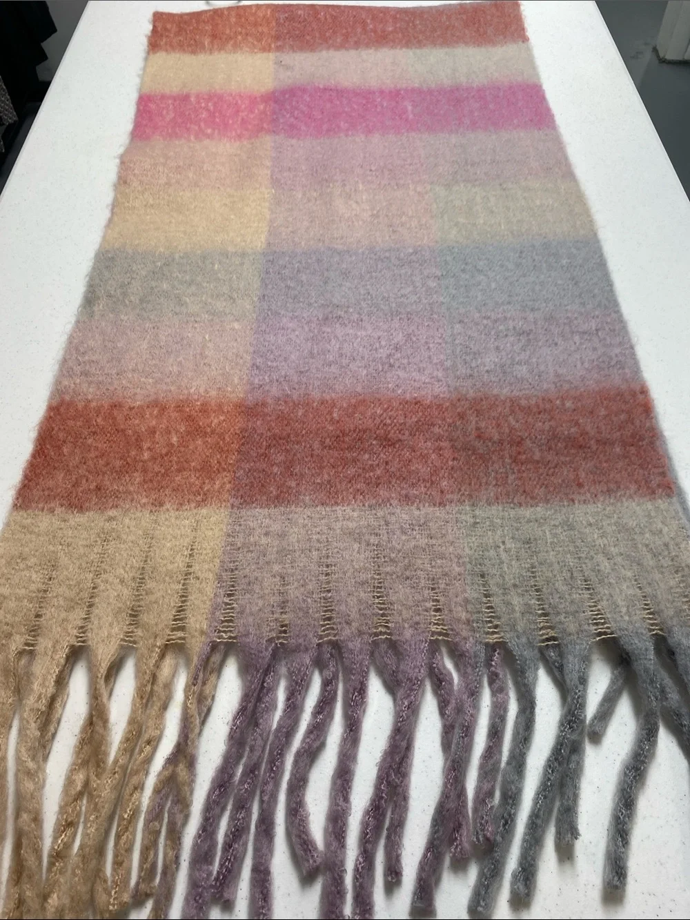 Oversized Pastel Plaid Blanket Scarf Fuzzy Fringe Wrap Shawl Pink Gray Cozy